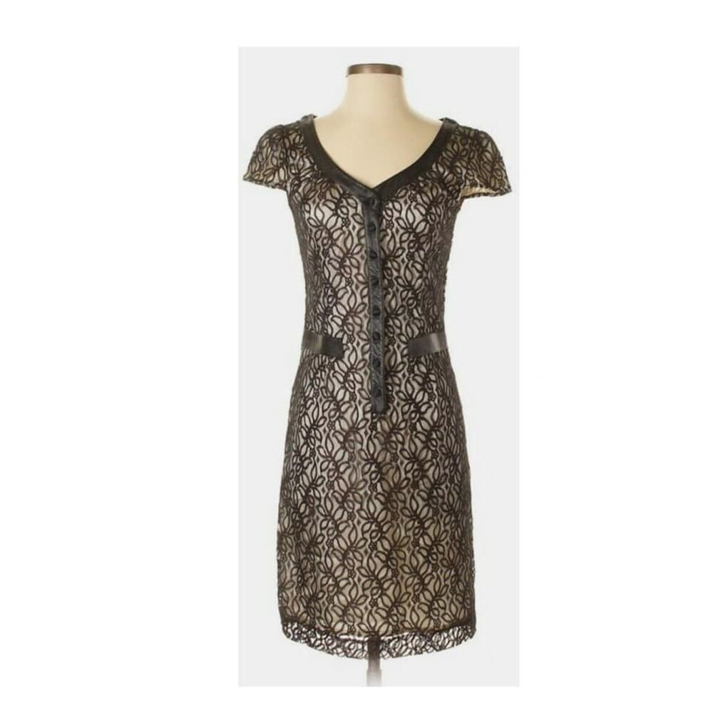 Moda International Dress Black Gold Leather-Trimmed Silk Sheath Dress Size 2